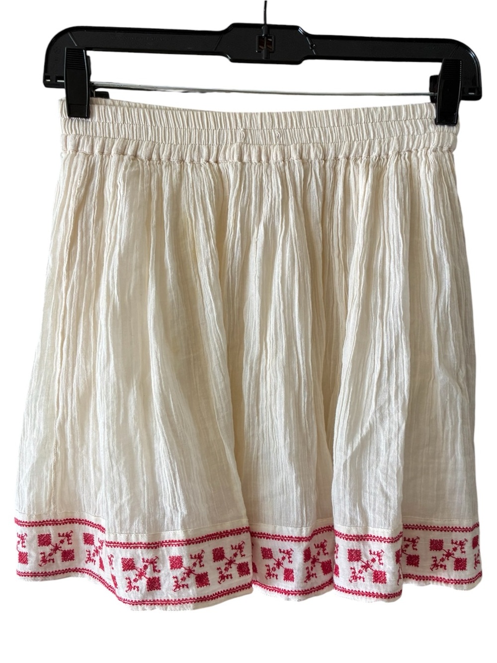 River Island Off White Boho Embroidered Mini Skirt Double Lined Red Hem Runs S/M